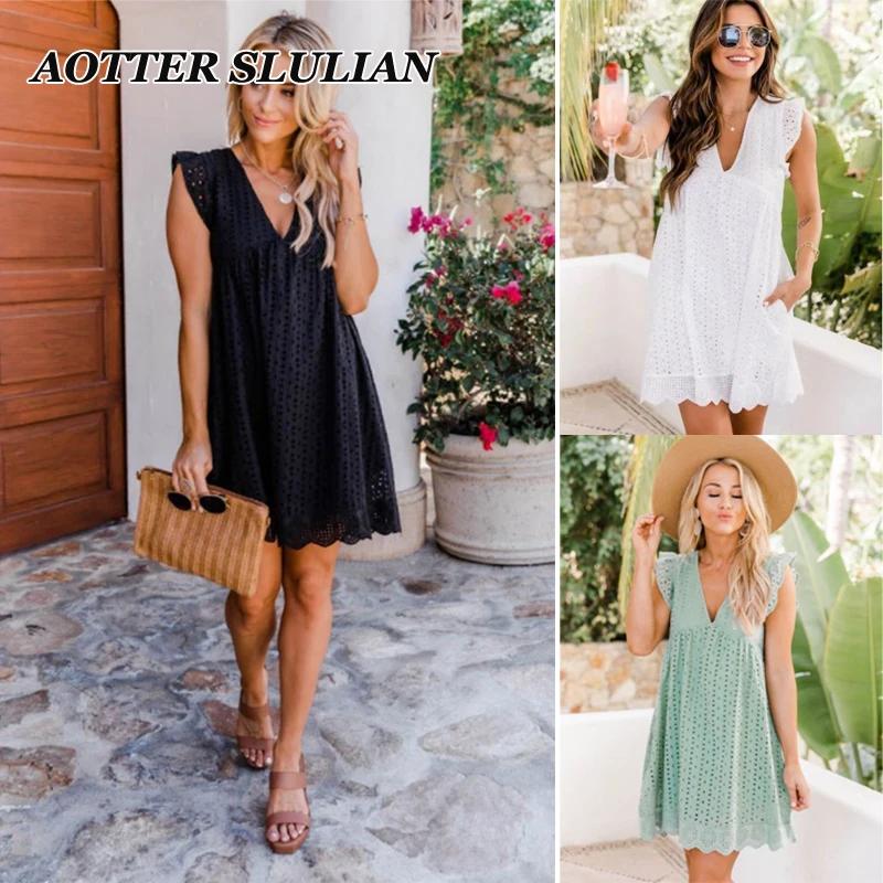 

2023 Summer New Lace Spliced Hollow V-neck Dress Casual Solid Color Loose Short Dress Sleeveless Vacation Style Skirt For Women