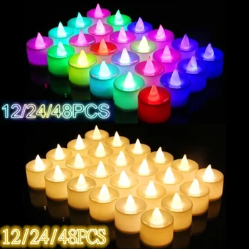 Bougies LED sans flamme, 12/24/48 pièces, bougies chauffe-plat à piles, bougies à thé romantiques pour décorations de fête d'anniversaire et de mariage 1