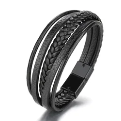 Men's Trendy Leather and Stainless Steel Multilayer Braided Rope Bracelet, 21CM - 21 (31)