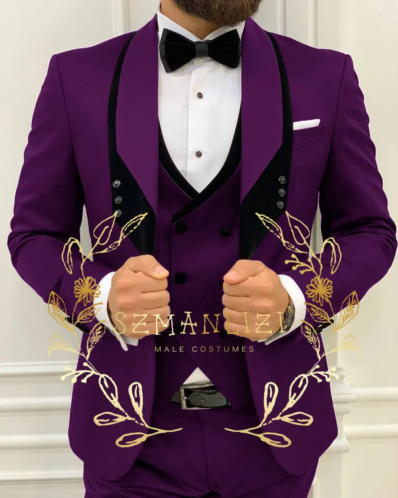 Men Suit 3 Piece Tuxedo Shawl Lapel Groomsmen Wedding Suits Set Fashion Men Business Blazer Jacket Pants Vest mens suit