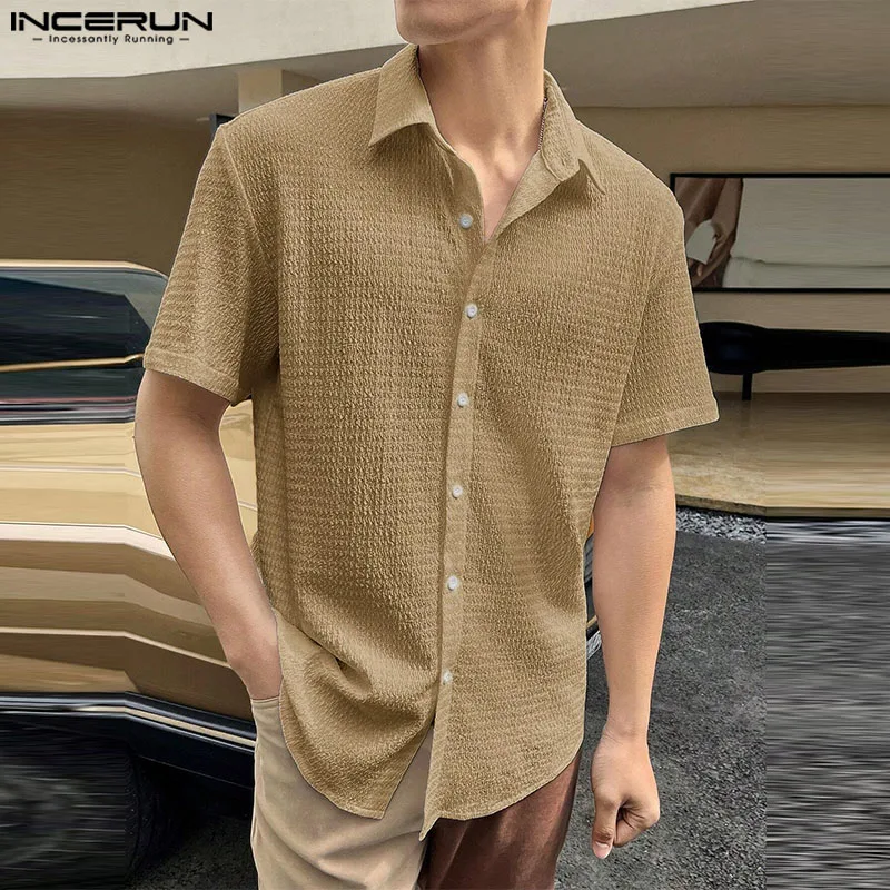 

INCERUN Tops 2024 Korean Style Fashion Men's Texture Solid Shirts Casual Streetwear Simple All-match Short Sleeved Blouse S-5XL