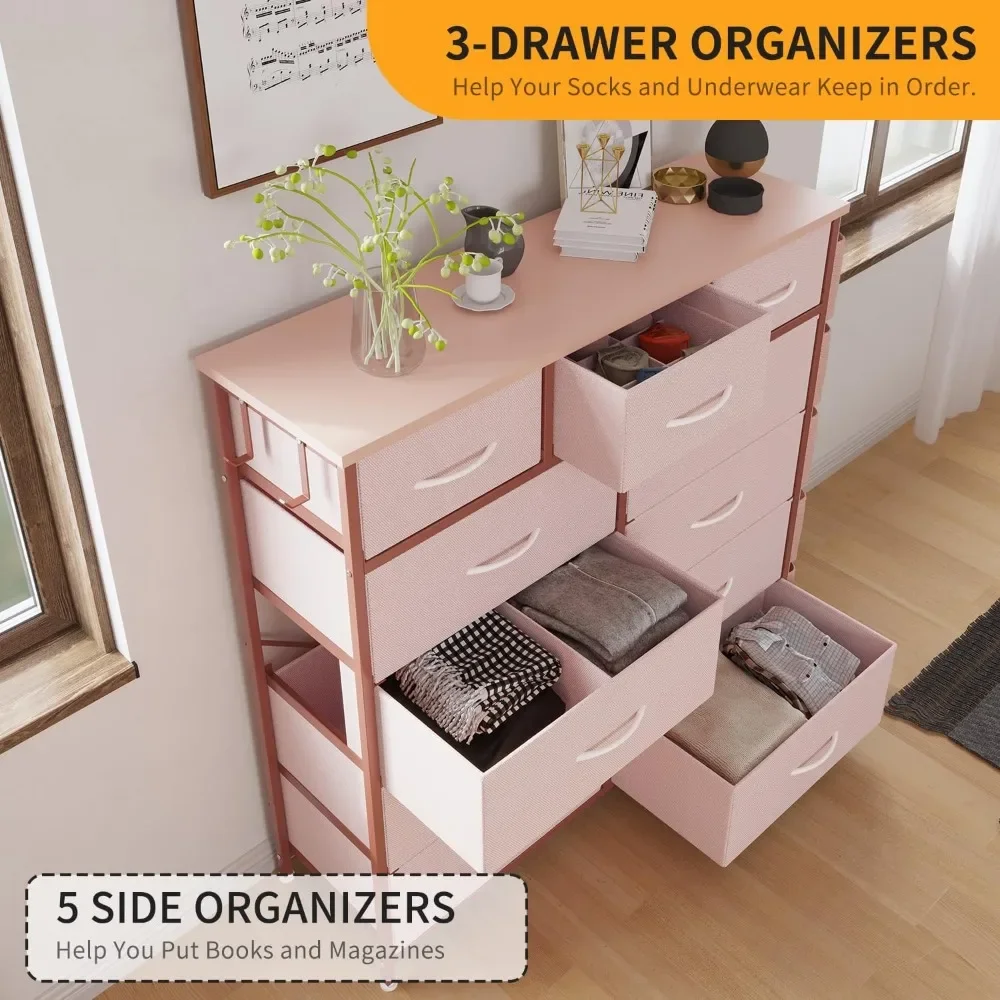 Dresser for Bedroom with 11 Drawer, Dressers & Chests of Drawers with Side Pockets, Hooks, Fabric Storage Drawer 5