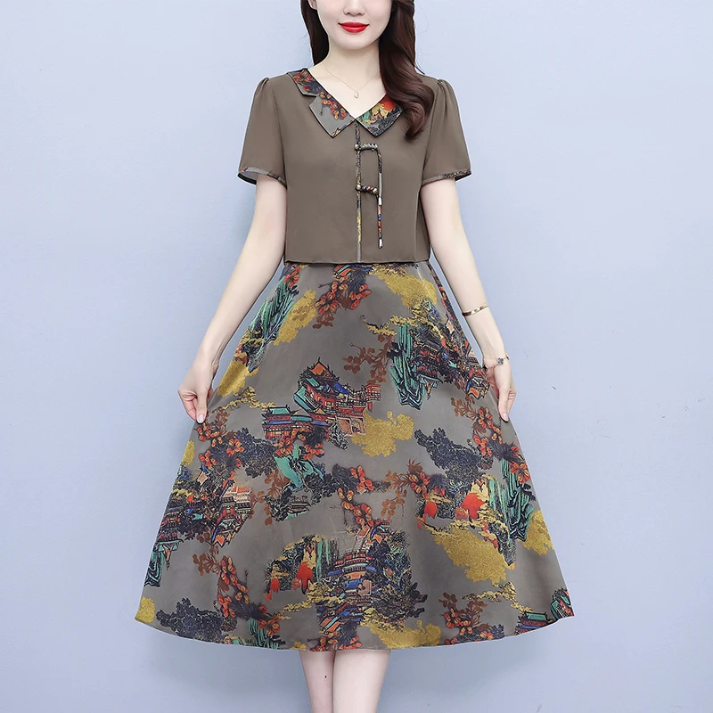 

Chiffon Dresses For Women Summer Female O Neck Short Sleeve Large Size Mid-length ​Fake Two Piece Chinese-style Printing Vestido