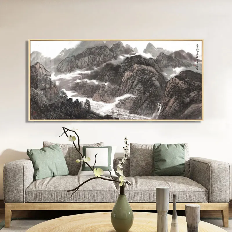

Traditonal Chinese Style Mountain and River Canvas Painting Hall for Office Living Room Poster Print Wall Art Picture Home Décor