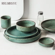

1PC RELMHSYU Japanese Retro Style Handmade Ceramic Steak Soup Dinner Plate Rice Bowl Tea Cup Home Restaurant Tableware