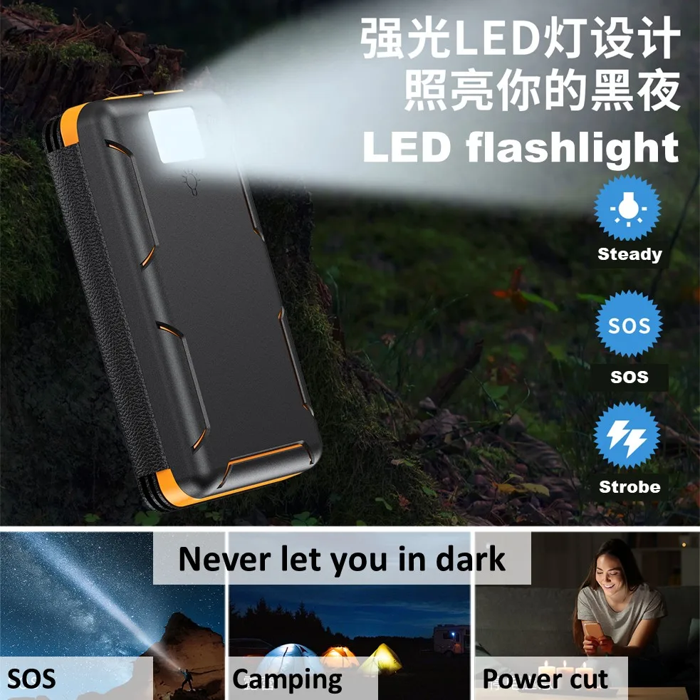 4개의 태양광 패널이 있는 파워 뱅크, 50000mAh 휴대용 태양광 외장 배터리, IOS 안드로이드 USB-A USB-C 호환 태양광 파워 뱅크