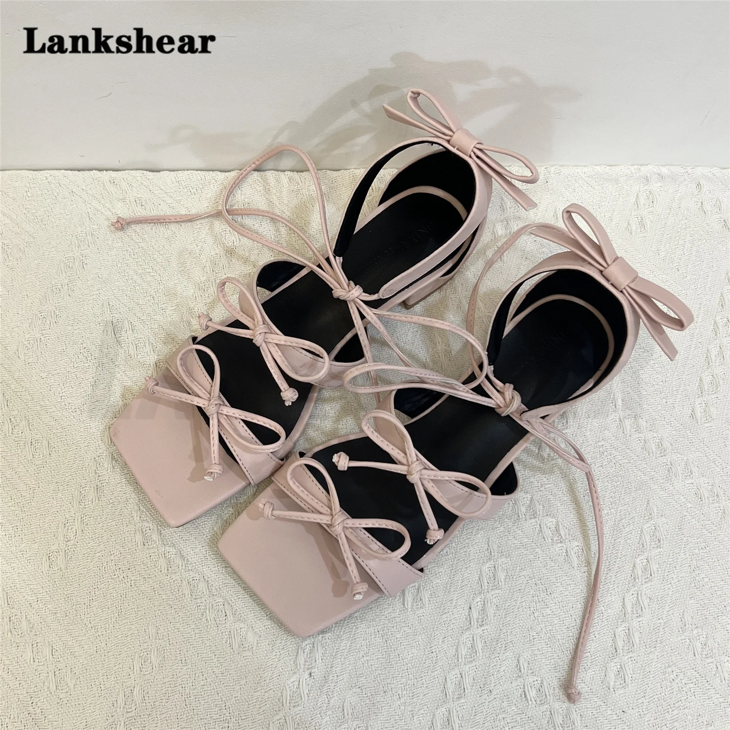 

Bow Decoration Lace-Up High-Heeled Sandals Summer New Pink Roman Square Head Lace-Up Shoes Casual Party Mid-Heel Shoes