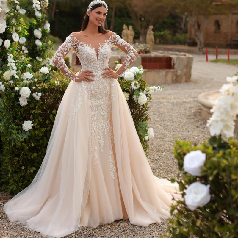 

Detachable 2 In 1 Mermaid Wedding Dress Organza With Embroidery Lace Ball Gown Full Sleeve O-Neck Bride Dress Vestido De Novia