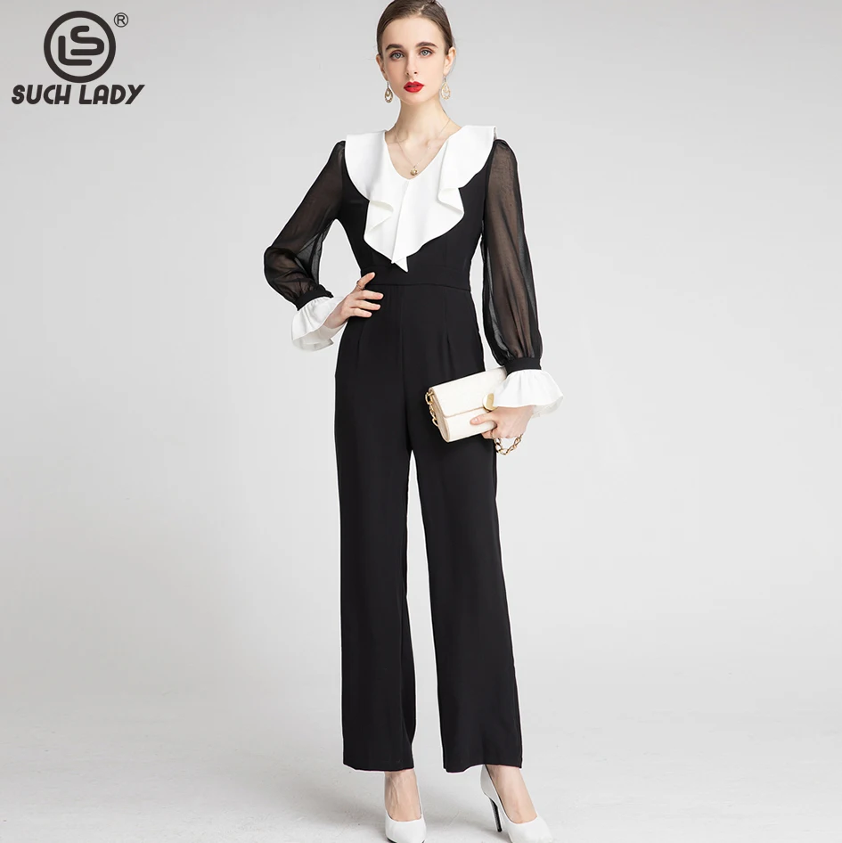 

Women's Runway Jumpsuits& Rompers Sexy V Neck Long Sleeves Ruffles Color Block Full Pants
