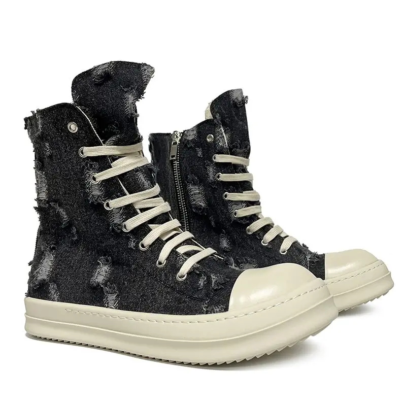 

Torn Hole Denim Shoes For Men High Street Hip Hop Sneakers Women RO Canvas Couple Shoes Ladies Curved Toe Retro Boots Streetwear