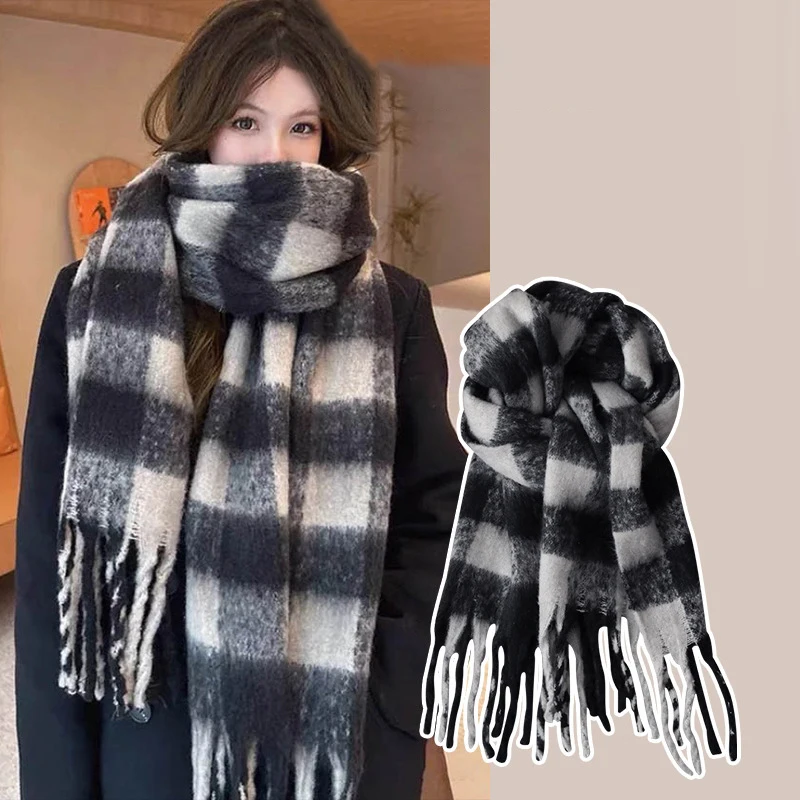 Plaid Scarf Checkerboard Soft Scarfs Women's Winter Warm Dual Use Long Shawl Vintage Thickened Scarves 1