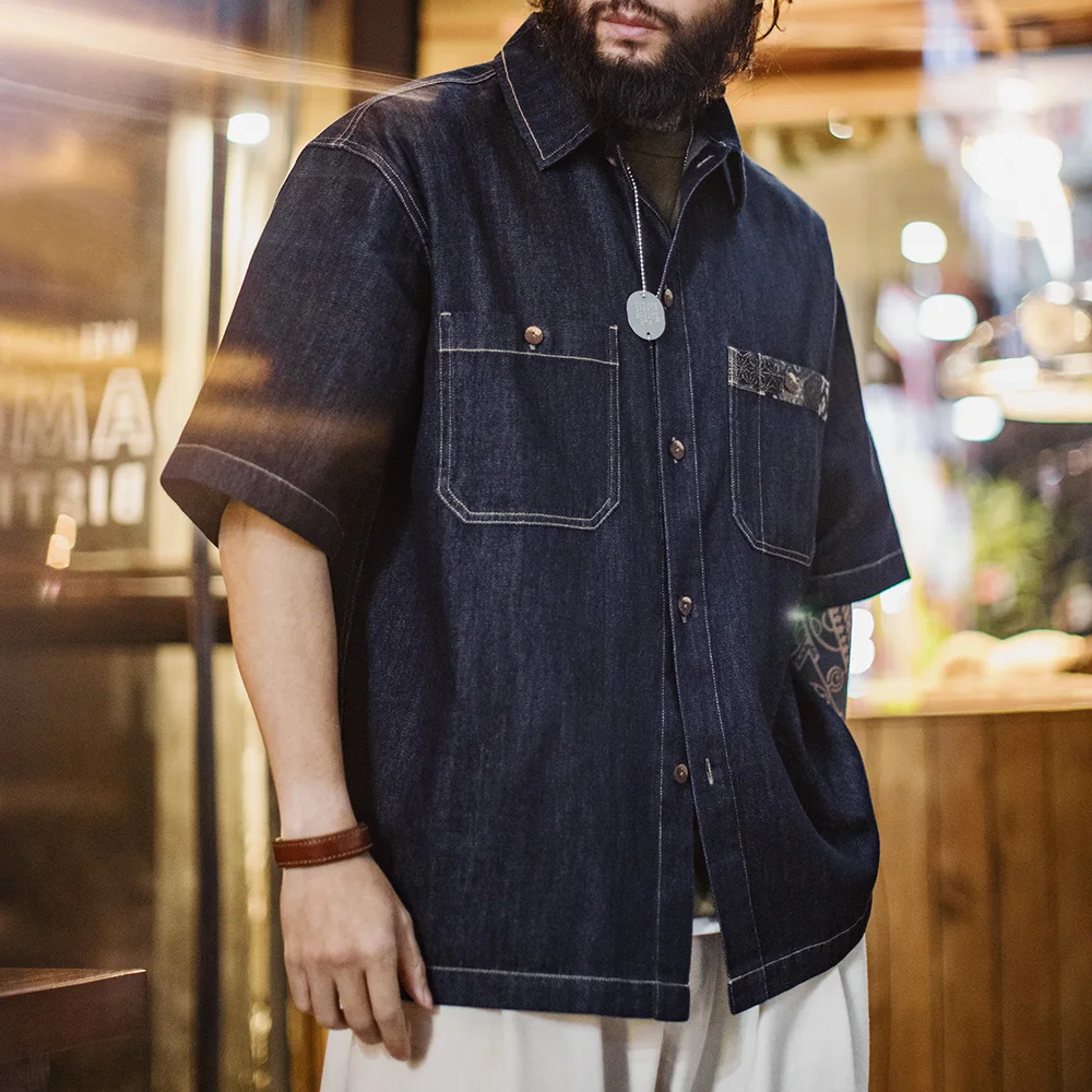 Maden Retro Boro Denim Short Sleeve Shirt Men Summer Indigo Dyed Lapel Single Breasted Casual Overshirt Street Outfits Blouse denim shirt