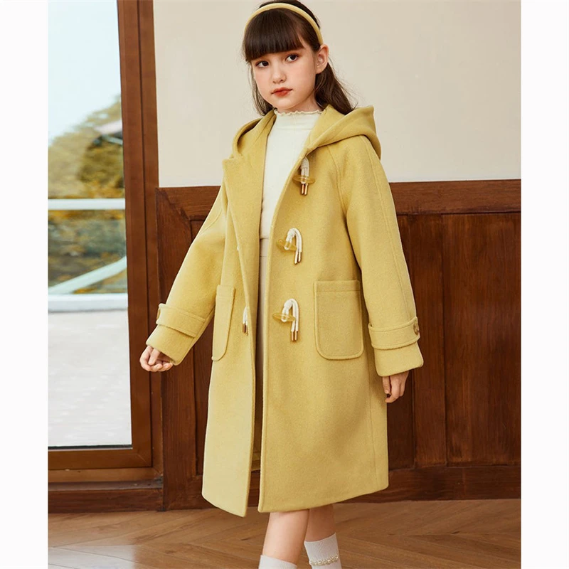 

Girls Woolen Coat Jacket Windbreak 2023 Hooded Warm Thicken Winter Cotton Overcoat Plus Size Children's Clothing