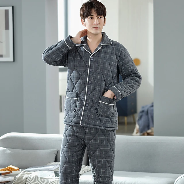 Quilted Men's Winter Pajamas Thick 3-layer Cotton Warm Pajama Sets