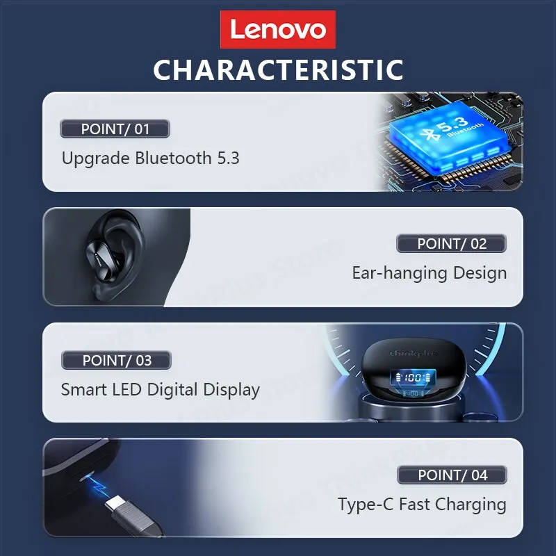 Lenovo-Écouteurs Bluetooth 5.3 TWS LP75, Casque de sport sans fil, Affichage numérique LED, HiFi, Stéréo, Réduction du bruit, Écouteurs de jeu