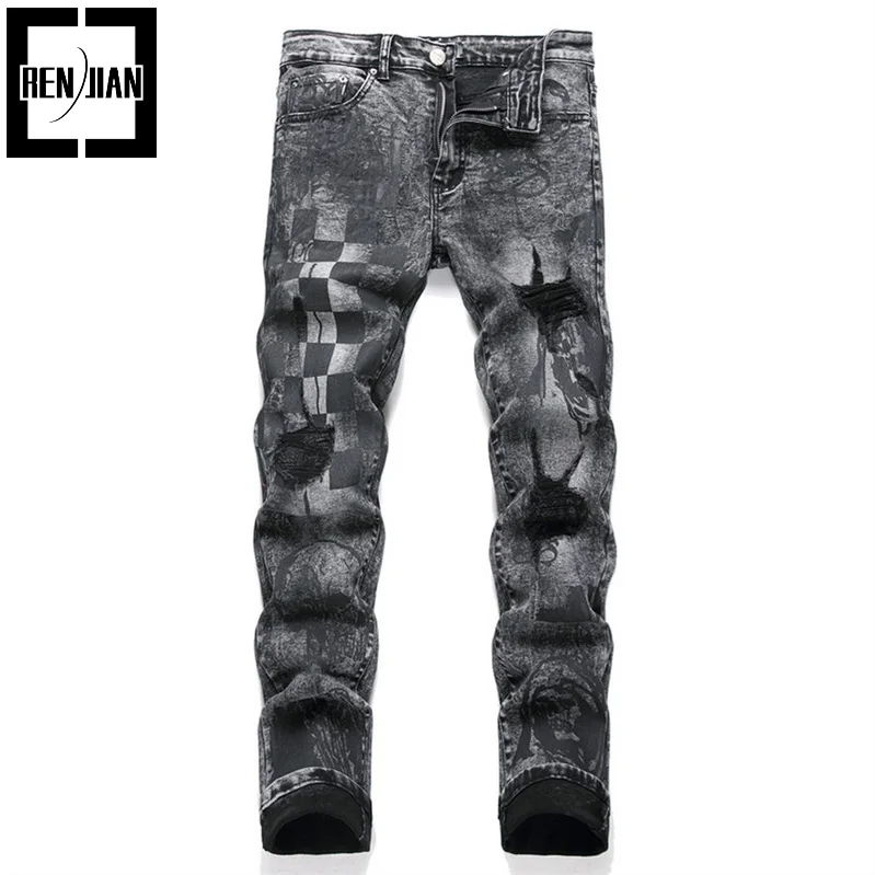 

High Street Ripped Jeans Pants Fashion Streetwear Printed Denim Trousers With Holes Slim Fit Distressed Cowboy Bottoms