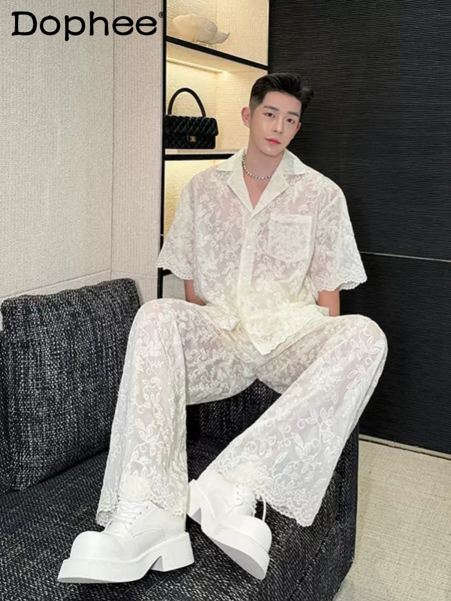 

2024 Summer High-End Men's Sets Lace Micro Transparent Short Sleeve Shirt Men's Wide Leg Trousers Male Temperament Two-Piece Set