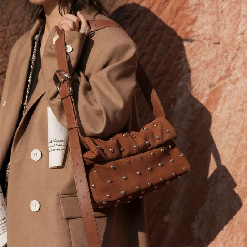 Designer Luxury Shoulder Bag Women New High End Quality Suede Rivet Decoration Handbag Moto Styling Vintage Casual Female Bags