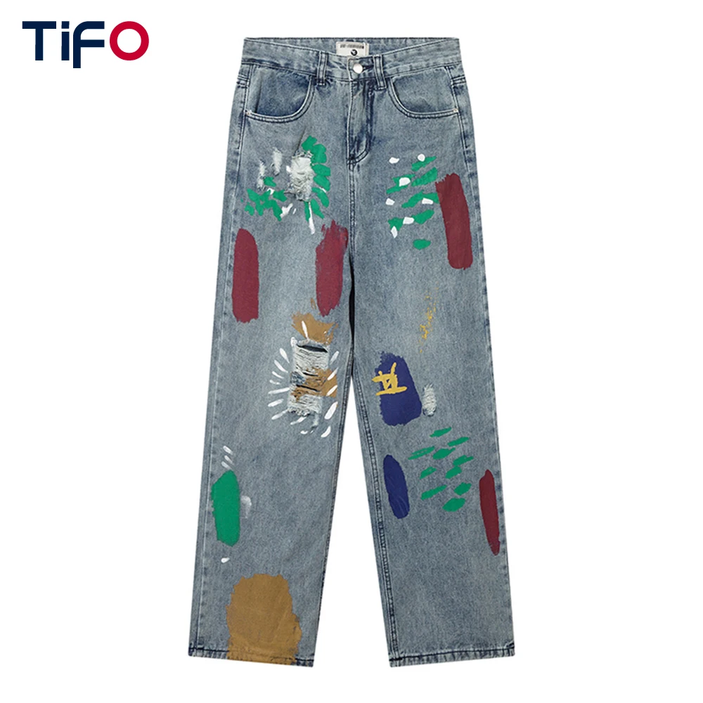 

Streetwear Graffiti Straight-leg Jeans Women Washed Loose Ripped Hole Wide Leg Denim Pants