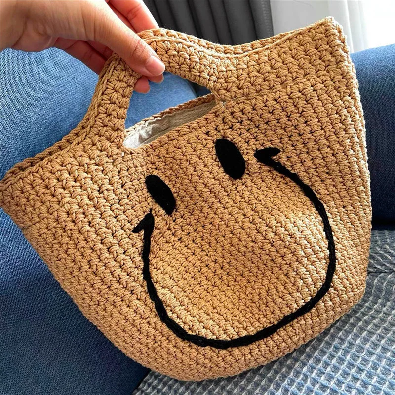 Ins Pure Hand-woven Women Bags Smiley Literary Retro Cute Straw for Hand-held Cotton Thread All-match HandBag