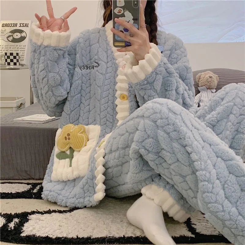 2023 New Pajama Women's Autumn and Winter Loungewear Coral Velvet Tulips Plush and Thick Sleepwear Flannel Winter Homewear Set