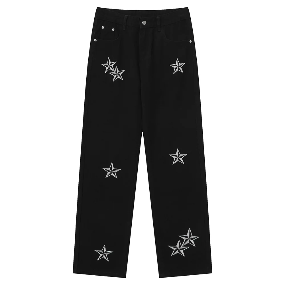 

2023 Men Hip Hop Streetwear Denim Pants Embroidery Stars Denim Pants Harajuku Cotton Joggers Jeans Harem Trousers Black