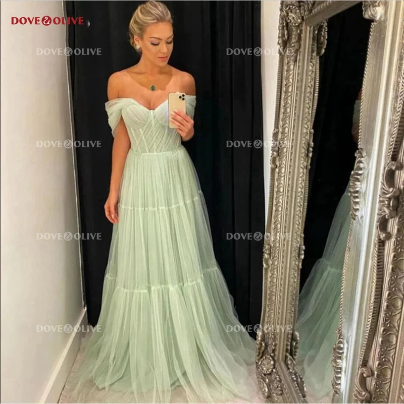 

Light Green Tulle Long Prom Dresses 2022 Pleats Off the Shoulder Plus Size Women Party Gowns Evening Dress A Line Sweetheart