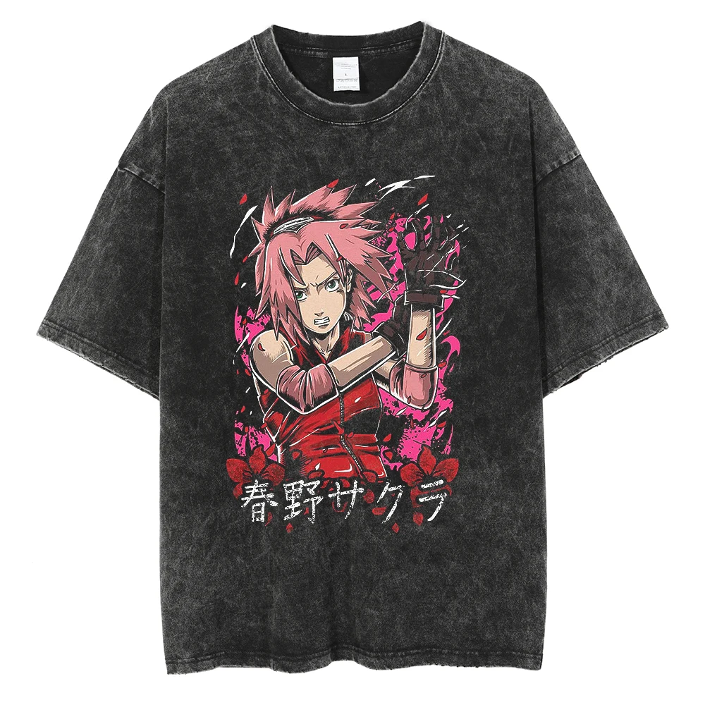 Men Streetwear Tshirt Japanese Anime Naruto Graphic T-Shirt Cotton 2026 Harajuku Washed T Shirt Summer Hip Hop Tops Tees Black