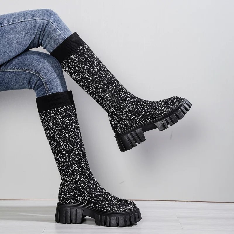 

Sexy Slim Over The Knee Stretch Socks Boots Women 2023 Autumn Thick High Heels Long Boots Woman Anti-slip Womens Boots Goth