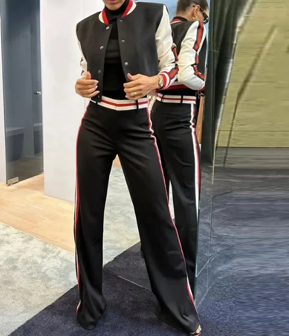 

Women's long pants Suit 2023 Fashion Street Casual Jacket Fashion Striped Short Baseball Uniform Versatile Suit Two Piece Set