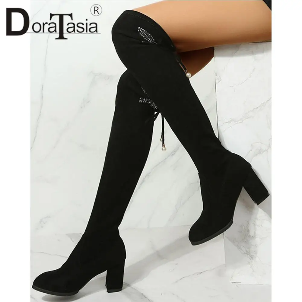 Brand New Ladies Solid Thigh High Boots Fashion Butterfly Tassel Thick High Heels women's Boots Party Office Sexy Woman Shoes