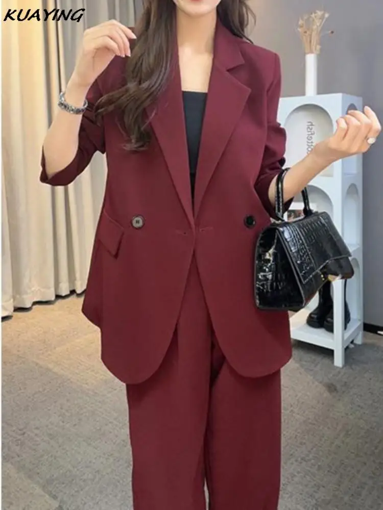 Ensemble pièces blazer et pantalon bordeaux pour femme, veste et