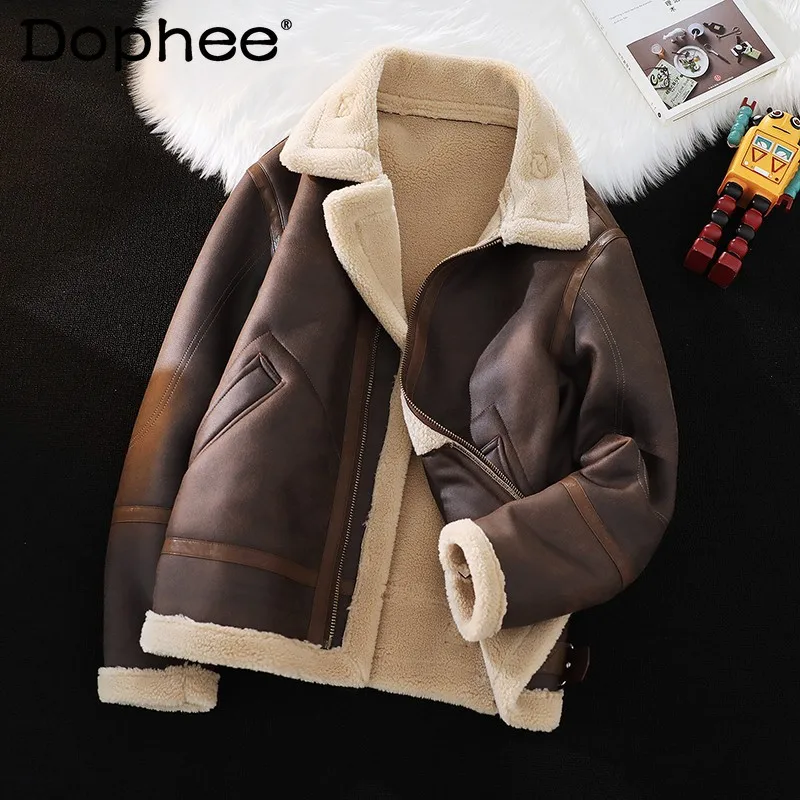 anti slip leather sofa slipcovers 35 4x35 4 thickened lamb velvet cat paw sofa cushion nordic simple beige only backrest Fashion Fur Integrated Fleece Coat Men's Winter New Velvet Thick Leather Coat Fall Winter Men Long Sleeve Lamb Wool Jacket