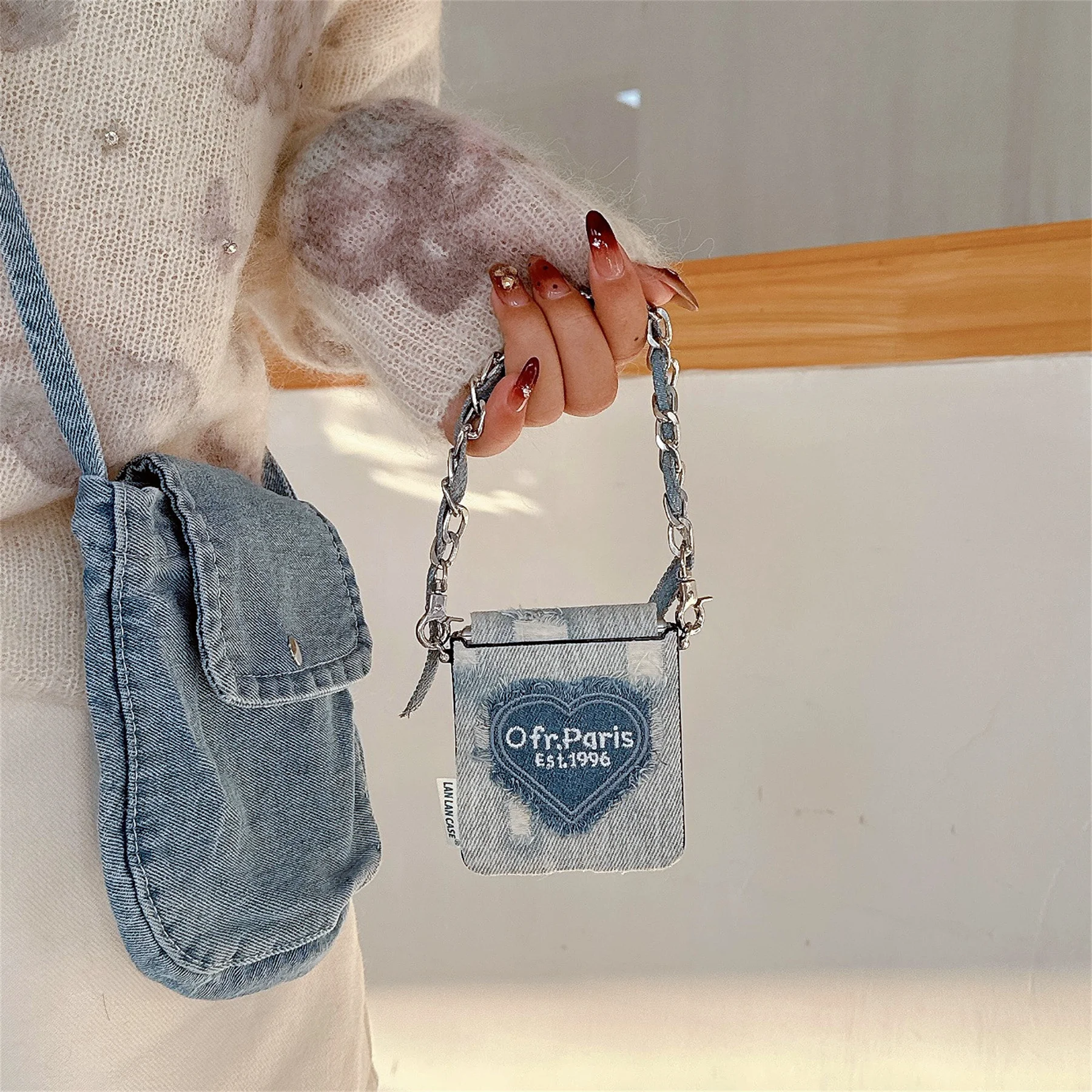 Korean Y2K Denim Heart Phone Case with Portable Chain in Blue