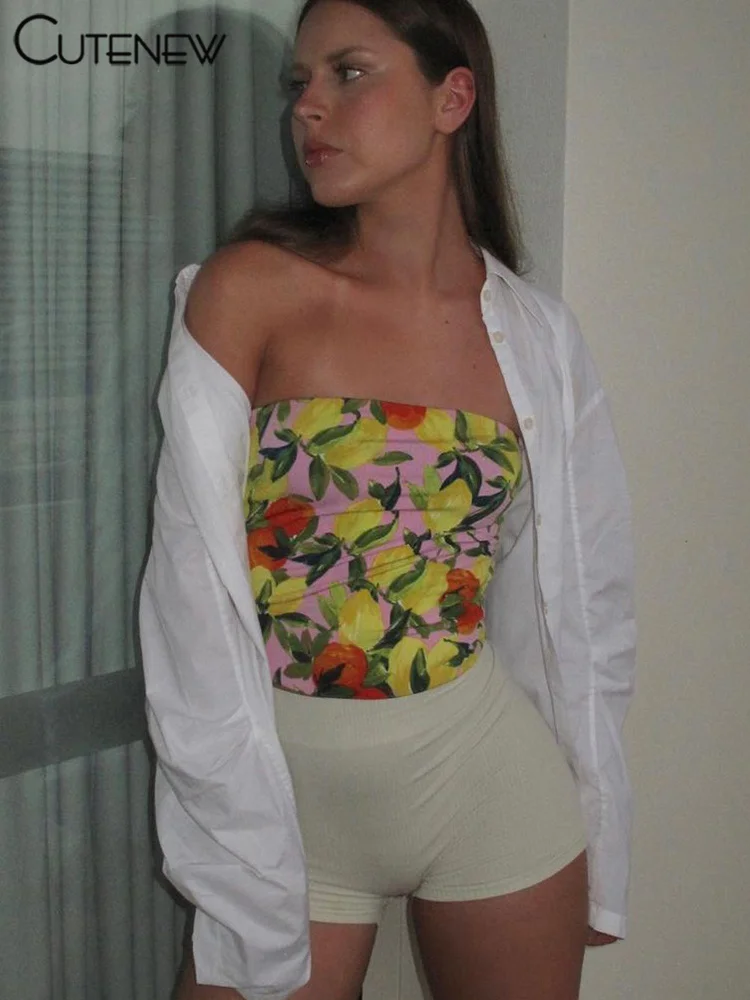 NIBBER Women's New Sexy Flower Print Tube Top Sleeveless Tank Vest Slim Tops Streetwear Casual Hot Girl Summer Fashion Clothing