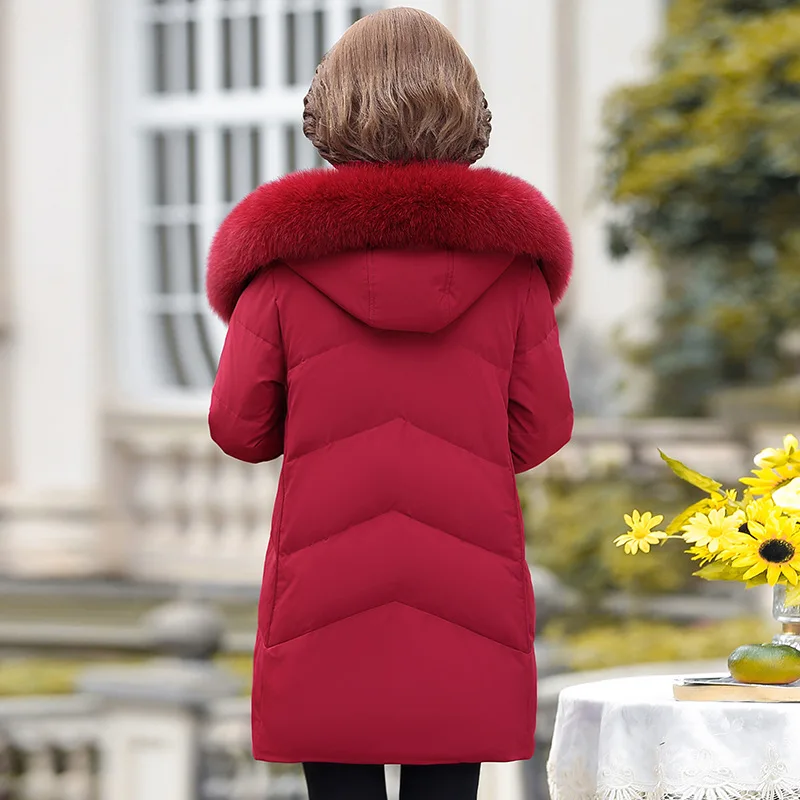 Real Fox Fur Collar White Duck Down Down Jacket Women's Medium Long Winter Clothes Middle-aged and Elderly Embroidered Loose Yrf