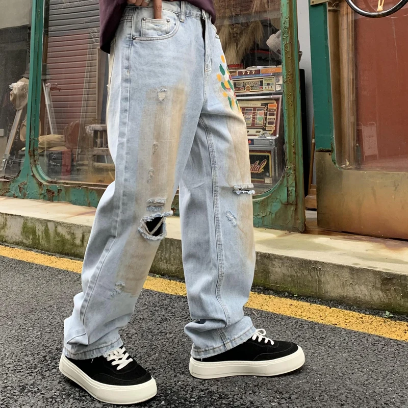 Street Personalised Trendy Printed Men's Jeans Washed Vintage Dirty Loose Straight Casual Pants Stylish Wide Leg Men's Jeans
