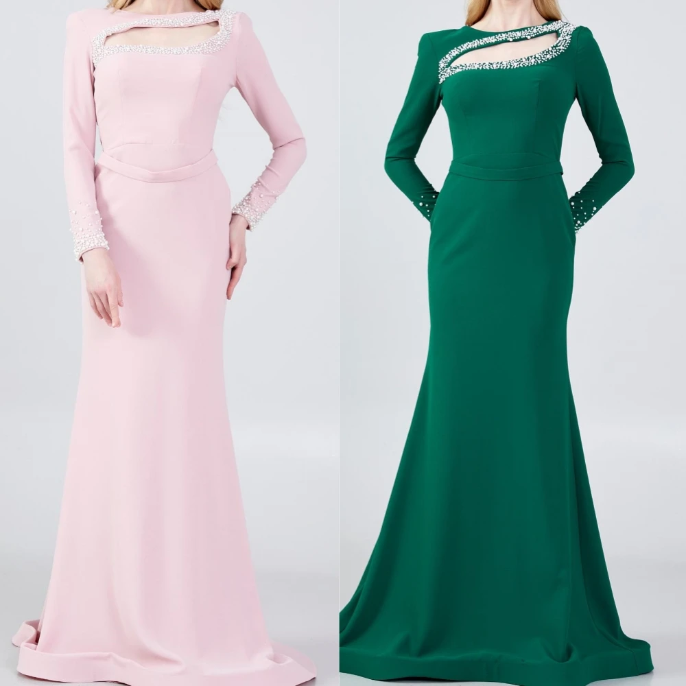 Prom Dress Satin Beading Formal Evening A-line O-Neck Bespoke Occasion Dresses Floor-Length Saudi Arabia sheath elastic satin applique beading boat neck bridesmaid dresses wedding party formal prom birthday evening floor length