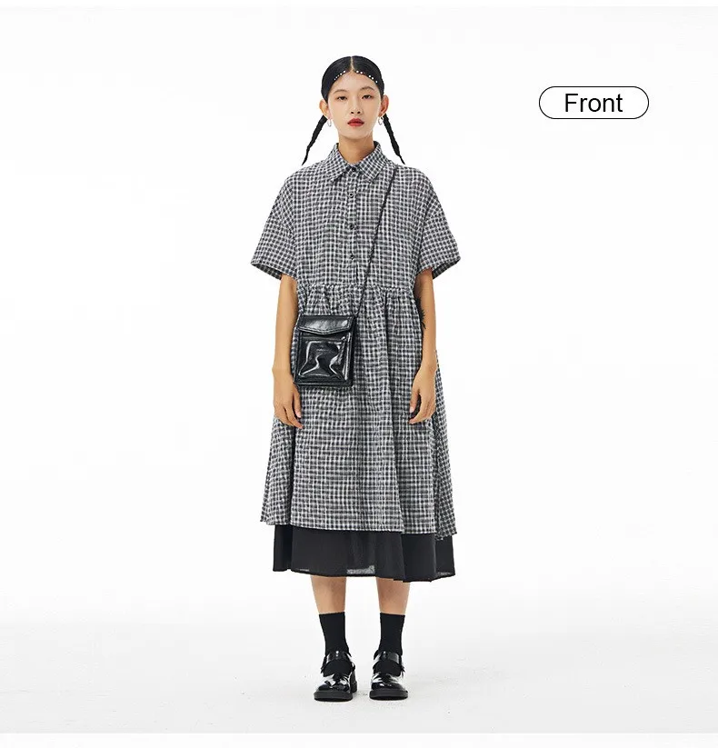 Oversized Dress gray Women’s plaid Korean skirt fashion loose thin mesh turn-down collar half button-up short sleeves cotton fake two dresses for woman in grey with black women’s fashion