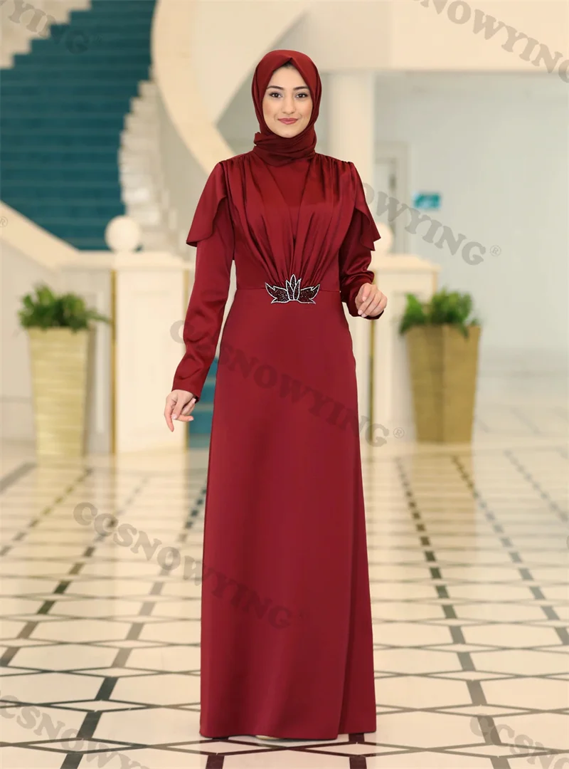 

Burgundy Satin Appliques Hijab Muslim Evening Dresses Long Sleeve Islamic Formal Party Gown Women Arabic Dubai Robe De Soiree