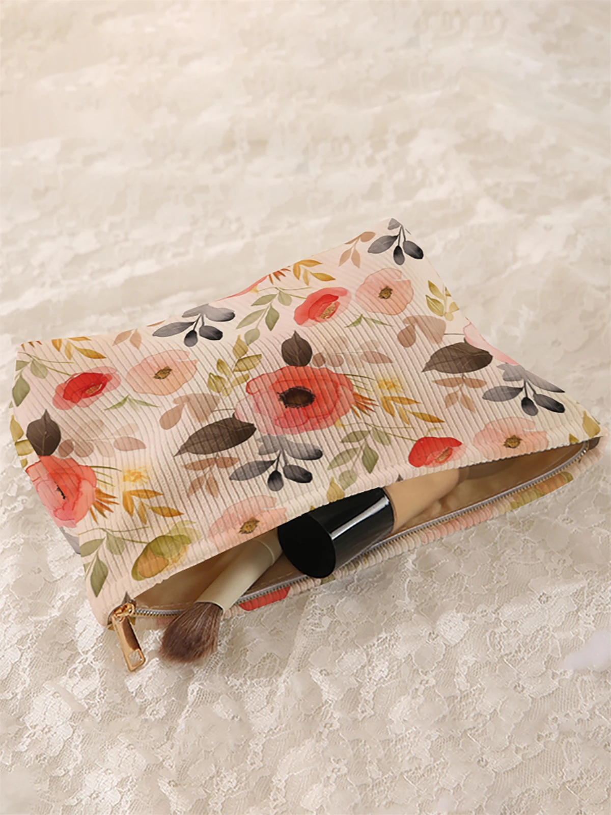 1 floral patterned corduroy makeup bag, lightweight zipper makeup storage box, multifunctional bag with lining