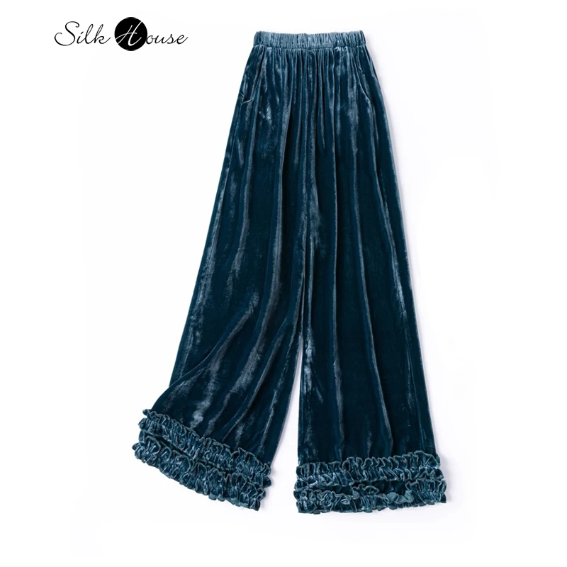 Drape 30%Natural Mulberry Silk Velvet Double-layer Fungus Edge Pants Hem Women's Two Side Pockets Fashionable Straight Leg Pants