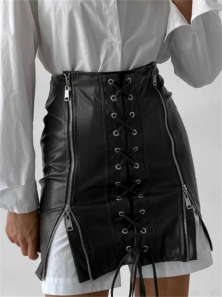 

2023 Autumn New Dark PU Vintage Wrap Hip Mini Halfskirt Harajuku Retro Sexy Cocktail Strap Double Zipper Halfskirt Women's Dress