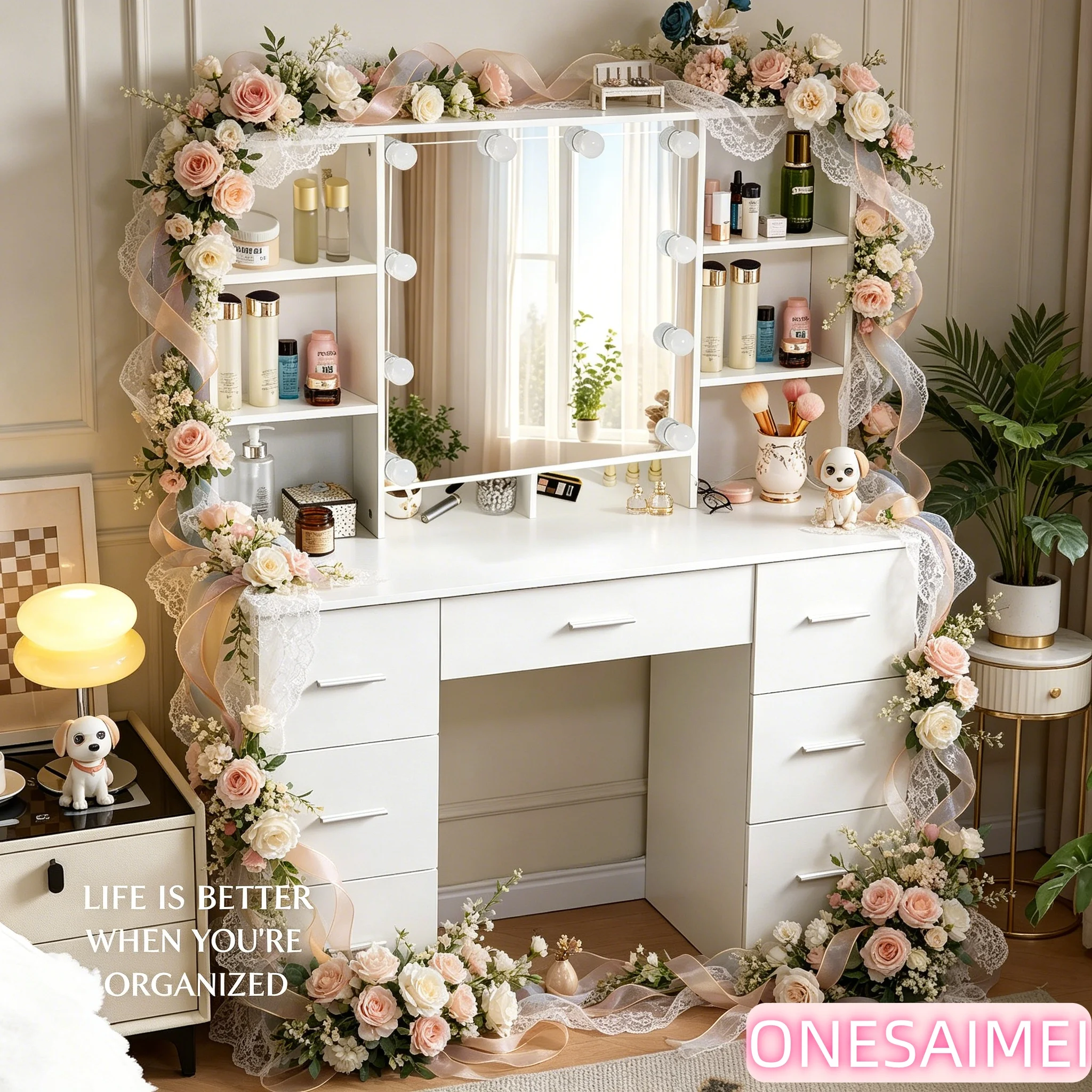 White Vanity Set, 3 Color Dimmable LED Mirror, 7 Drawers & 10 Shelves, with Stool, Bedroom Makeup Dresser