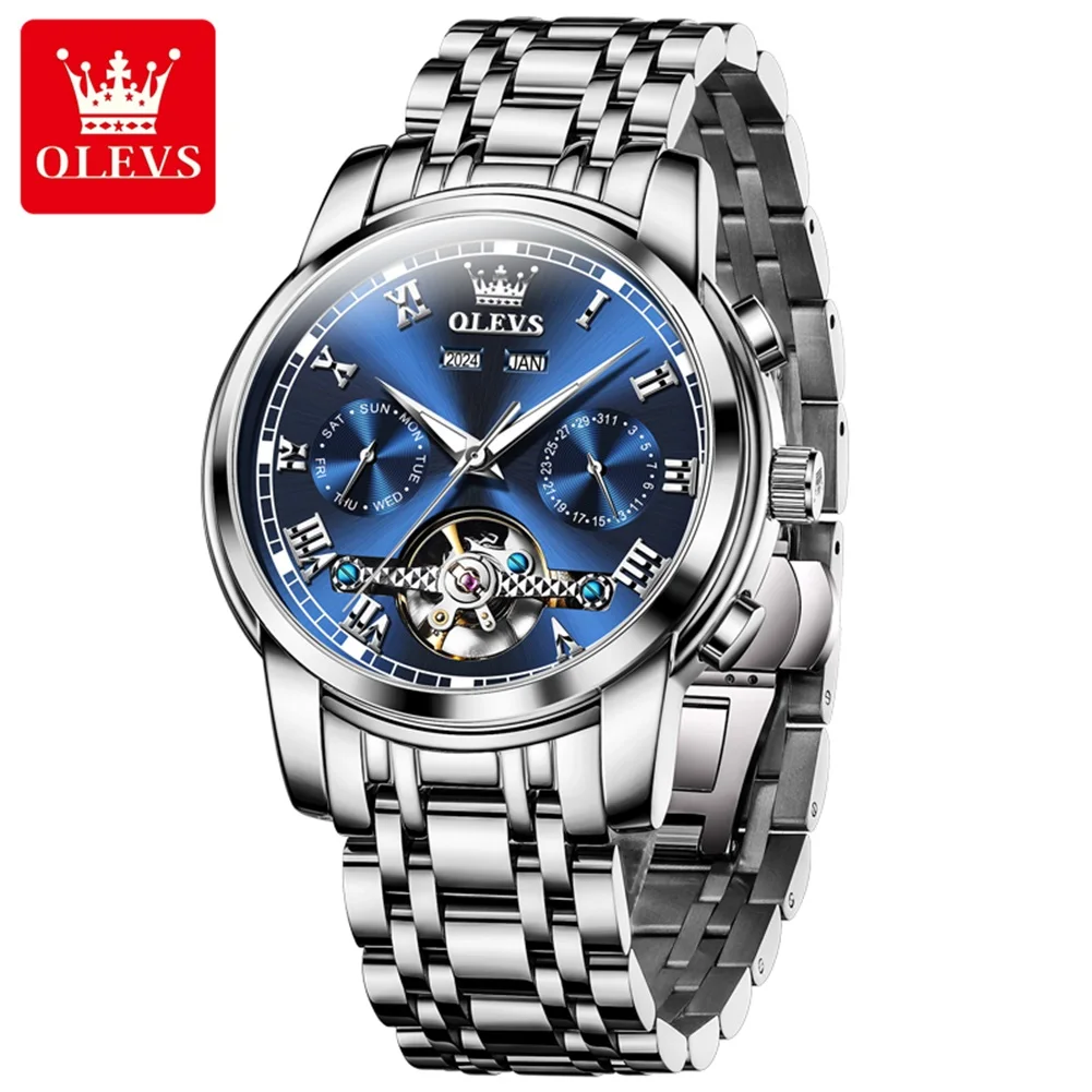 OLEVS 6607 Original Automatic Man Watch Skeleton Flywheel Auto Date Hand Clock Stainless Steel Waterproof Mechanical Wristwatch