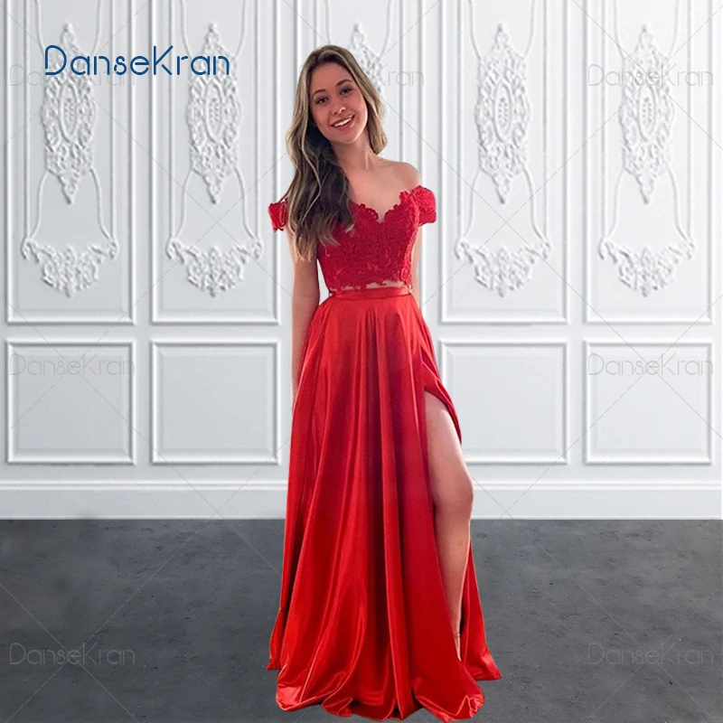 

Red Two Piece Prom Dresses 2023 with Lace Top Satin Skirt Off Shoulder Elegant Women's Party Dress with Pockets and Side Slit