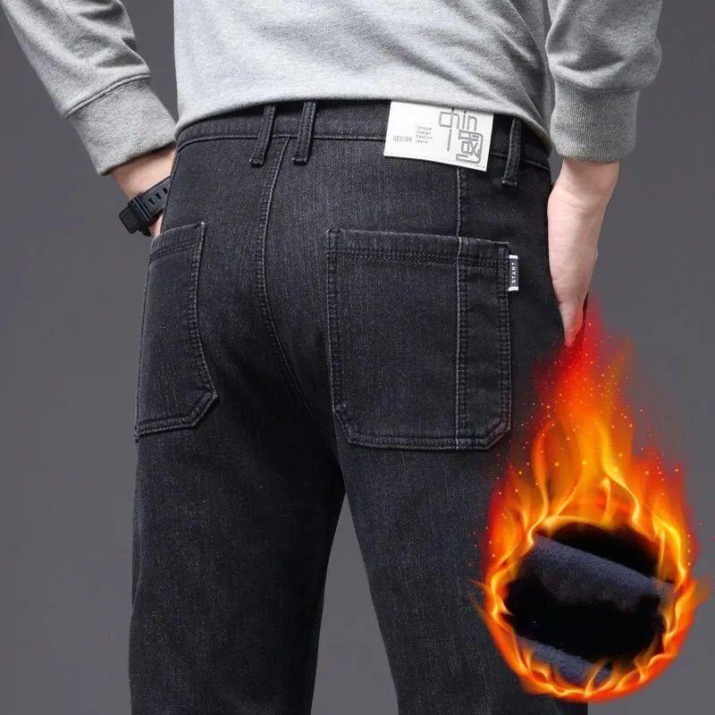 Autumn Winter Men New Fleece Thick Straight Jeans Solid Streetwear Fashion Loose Versatile Multiple Pockets Chic Casual Pants