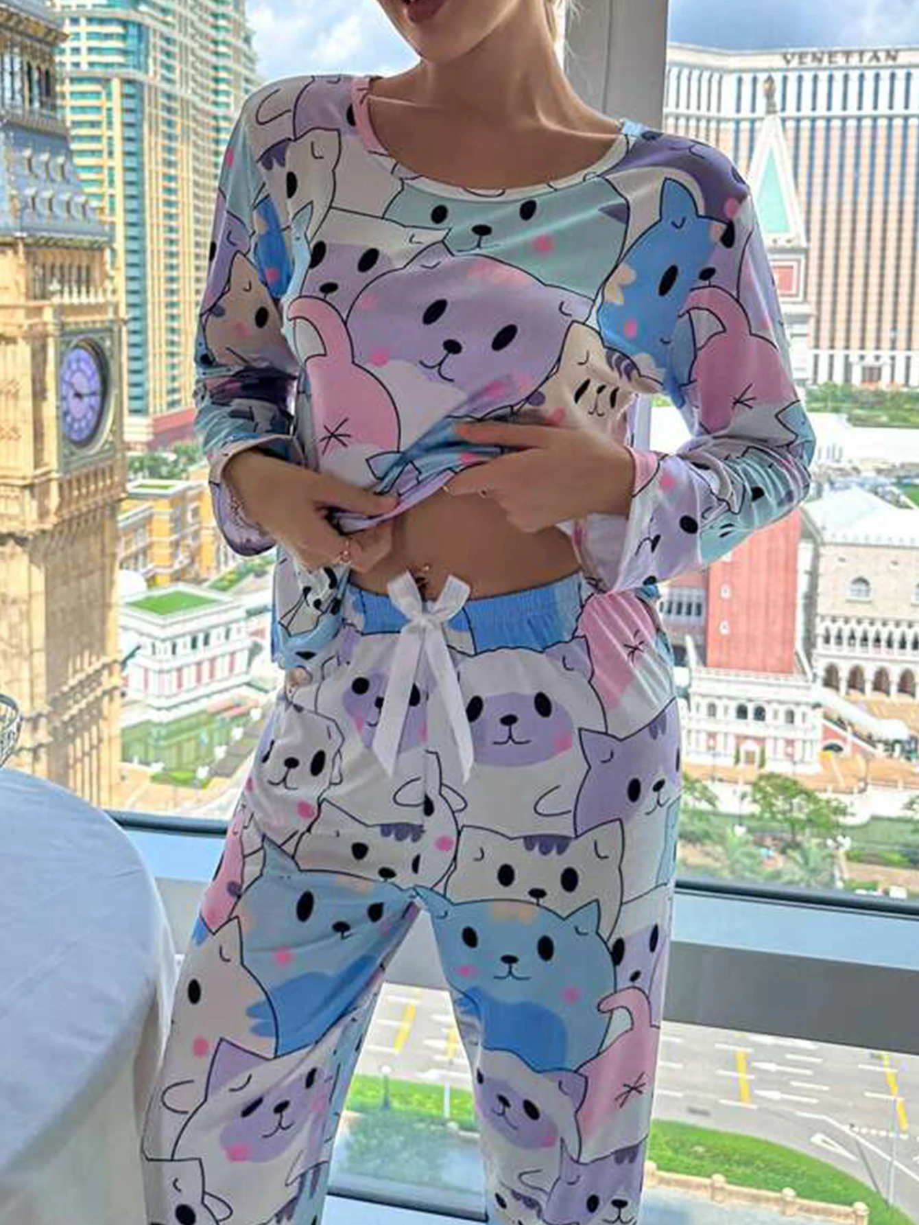Lu's Chic Women's Cute Blue Cat Pajama Set - Cotton Blend Short Sleeve Tee & Shorts (Large, 2-Piece Sleepwear) - View #2