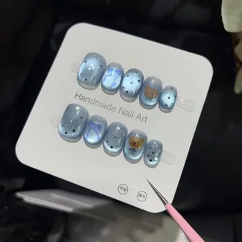 10PCS Cute Blue Cat Eye Short Square Round Handmade False Nail Sweet Bowknot Polka Dots Design Press on Nail Full Cover Wearable