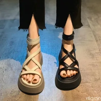 Fashionable Thick Bottom Sponge Cake Bottom Sandals for Women's Summer Style Versatile Hollow Cross Fine Strap Zipper Sandals 1